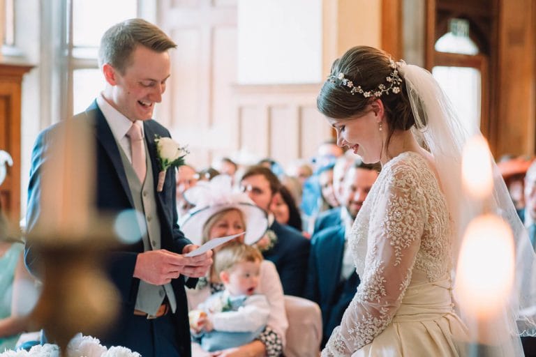 bride and groom laughing