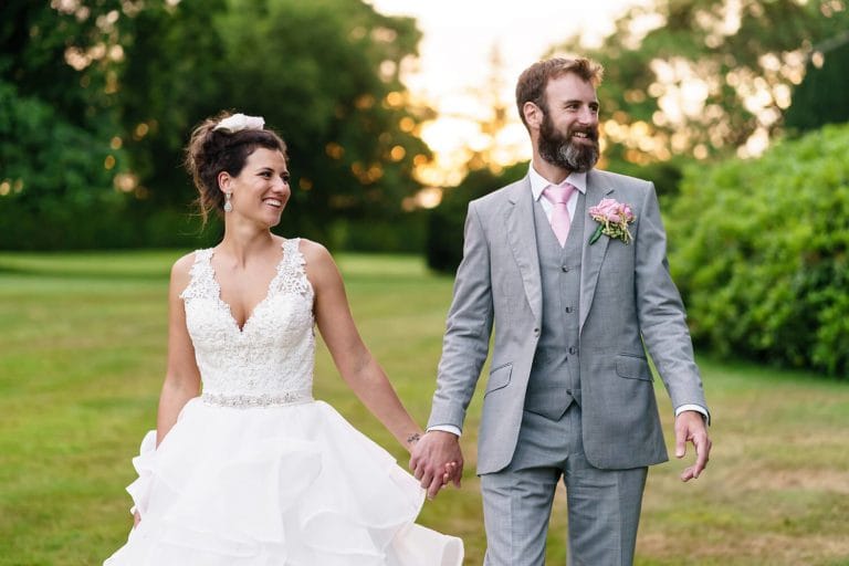 bride and groom laughing